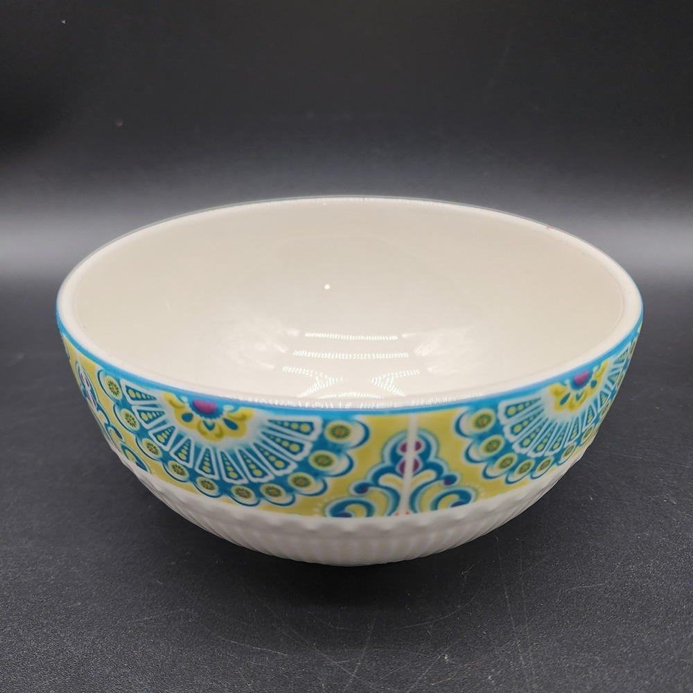 Pier 1 Teal Yellow Atlas Ironstone Medallion Cereal Soup Bowl Boho Eclectic
